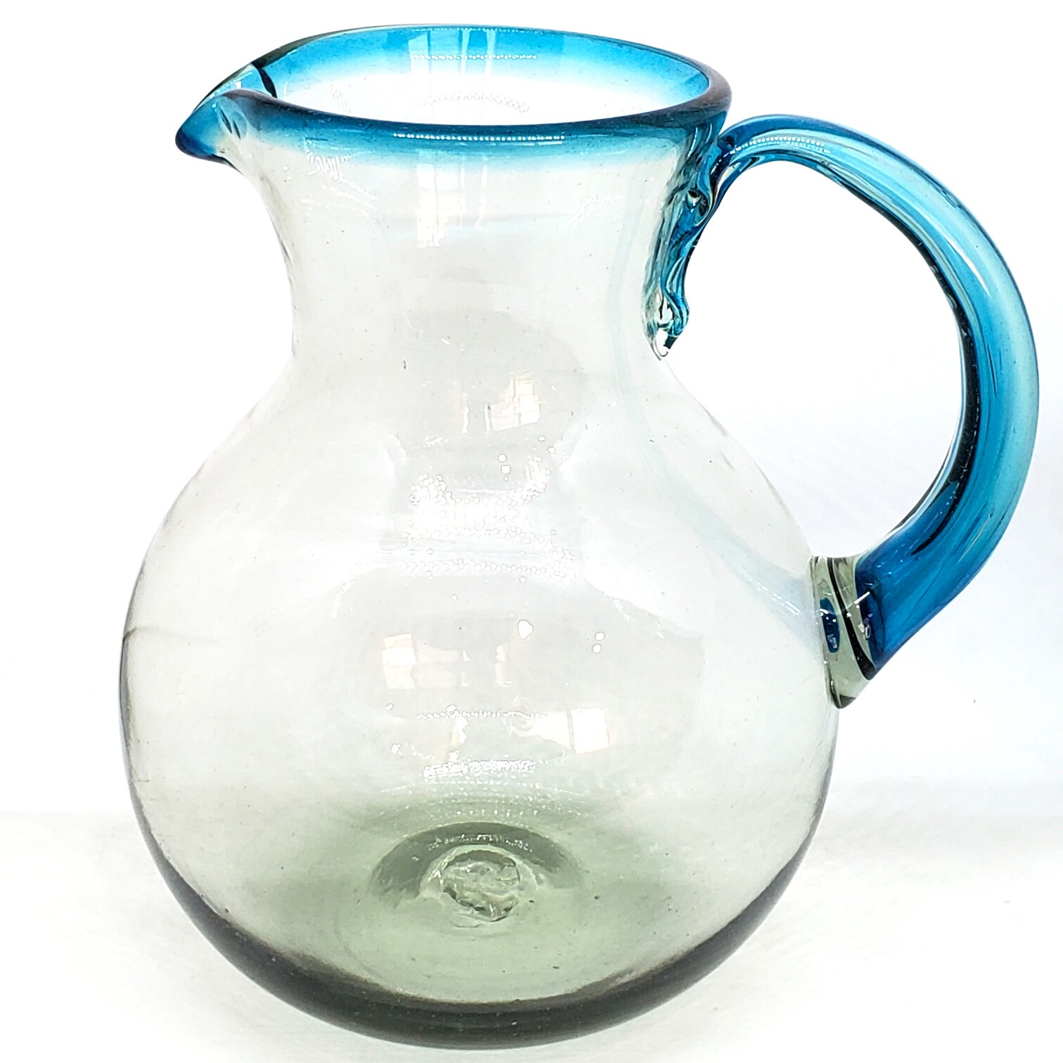 New Items / Aqua Blue Rim 120 oz Large Bola Pitcher / This modern pitcher is decorated with an aqua blue rim.